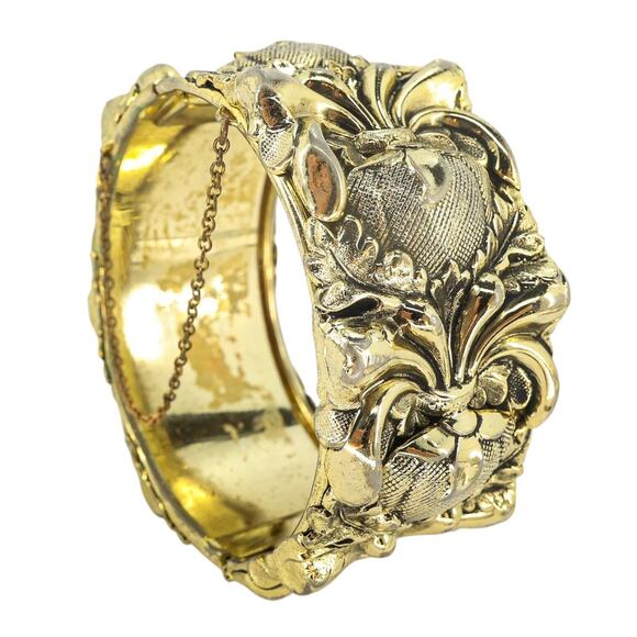 Signed Whiting & Davis Goldtone Art Nouveau Repousse Hinge Bracelet As Is Read - Picture 1 of 12